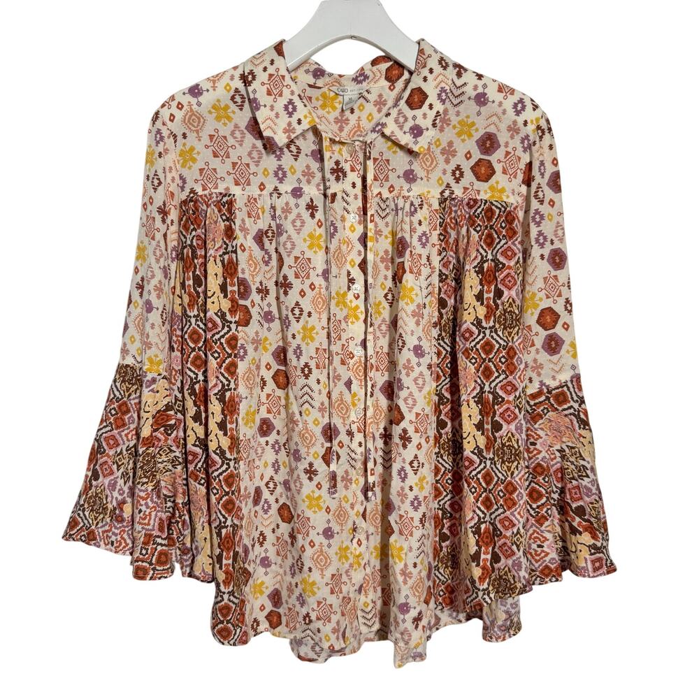 Cato Boho Patchwork Bell Sleeve Blouse Top‎ Women XL Cream Orange Western Aztec